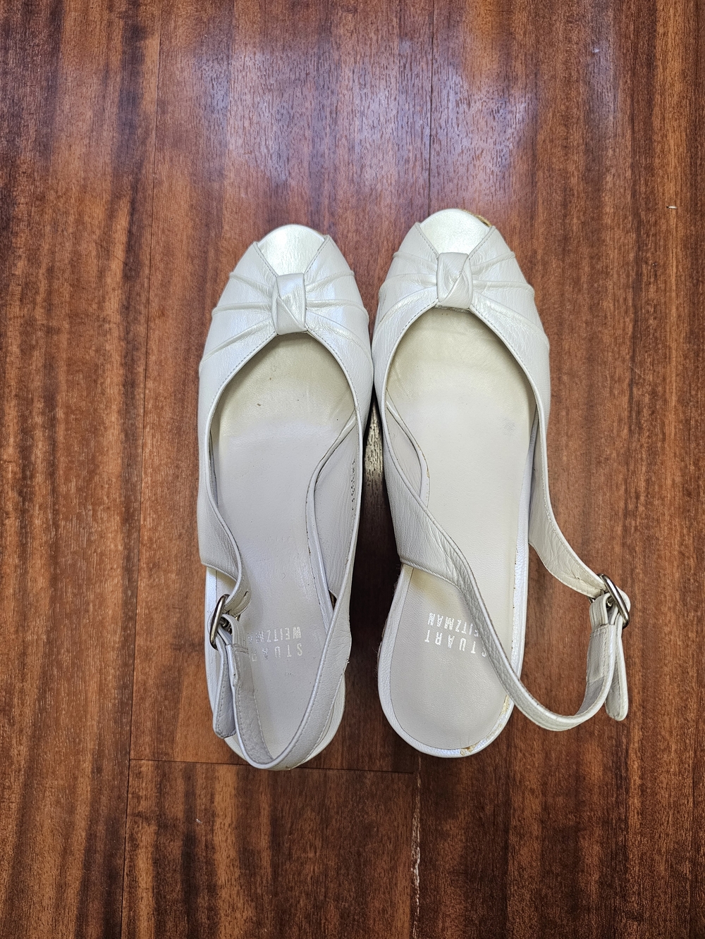 Stuart Weitzman Shimmery White Leather Slingback Peep-Toe Wedges